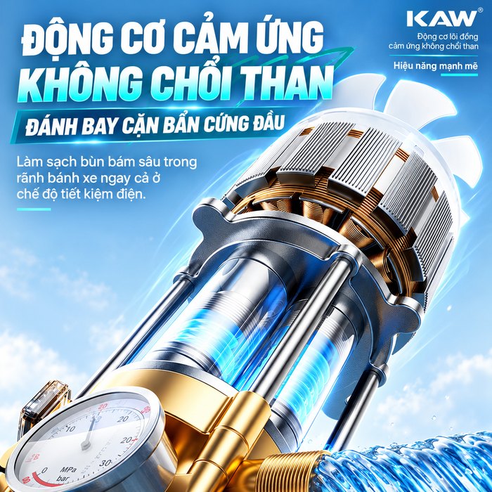 Máy Rửa Xe Cao Áp KAW AK01 Động Cơ Không Chổi Than Lõi Đồng, Vỏ Kim Loại, Hút Nước 2 Chế Độ, Dây 10m