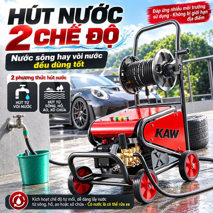 Máy Rửa Xe Cao Áp KAW AK01 Động Cơ Không Chổi Than Lõi Đồng, Vỏ Kim Loại, Hút Nước 2 Chế Độ, Dây 10m
