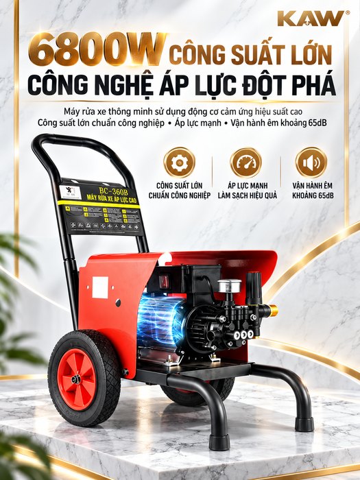 Máy Rửa Xe Cao Áp KAW BC-360B 6800W Động Cơ Cảm Ứng Lõi Đồng, Đầu Bơm Đĩa Nghiêng, Áp Lực 25-30MPa, 18L/Phút