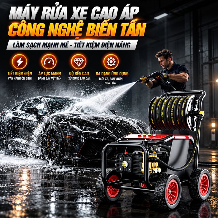 Máy Rửa Xe Cao Áp KAW Biến Tần 3.0kW Có Cuộn Dây, Động Cơ Nam Châm Vĩnh Cửu, Đầu Bơm Kinkard Ý, 380bar