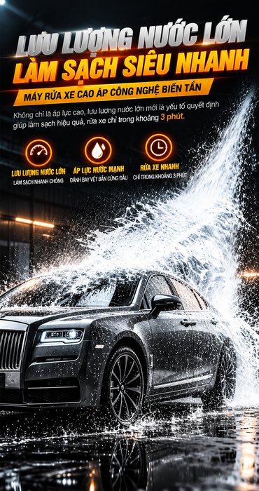 Máy Rửa Xe Cao Áp KAW Biến Tần 3.0kW Có Cuộn Dây, Động Cơ Nam Châm Vĩnh Cửu, Đầu Bơm Kinkard Ý, 380bar