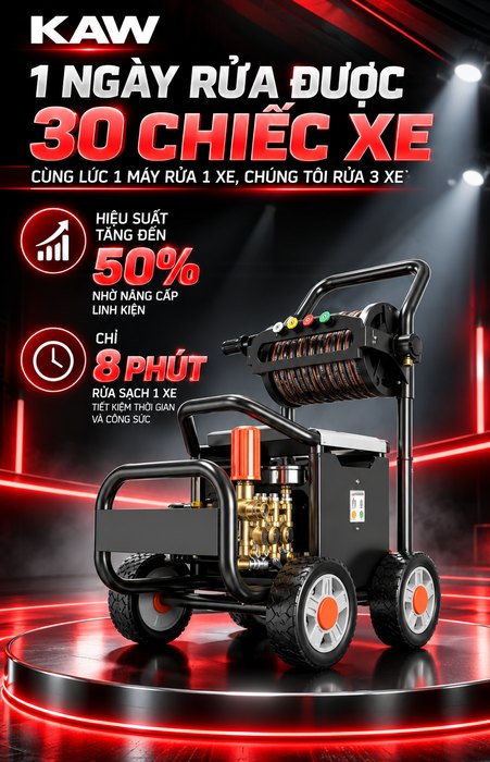 Máy Rửa Xe Cao Áp KAW Có Cuộn Ống Kim Loại, Động Cơ Cảm Ứng Lõi Đồng 4 Cực, Pít-tông Phủ Gốm, Chống Nước IPX5