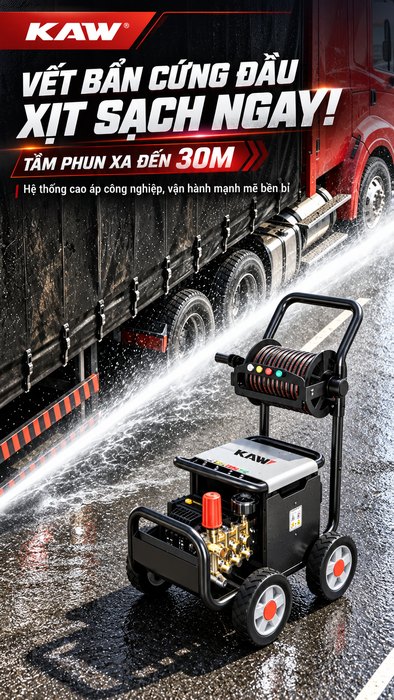 Máy Rửa Xe Cao Áp KAW Có Cuộn Ống Kim Loại, Động Cơ Cảm Ứng Lõi Đồng 4 Cực, Pít-tông Phủ Gốm, Chống Nước IPX5