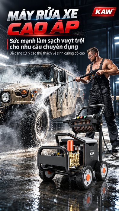 Máy Rửa Xe Cao Áp KAW Có Cuộn Ống Kim Loại, Động Cơ Cảm Ứng Lõi Đồng 4 Cực, Pít-tông Phủ Gốm, Chống Nước IPX5