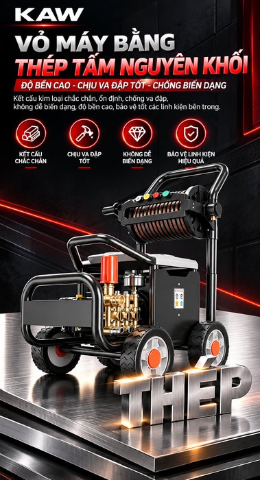 Máy Rửa Xe Cao Áp KAW Có Cuộn Ống Kim Loại, Động Cơ Cảm Ứng Lõi Đồng 4 Cực, Pít-tông Phủ Gốm, Chống Nước IPX5