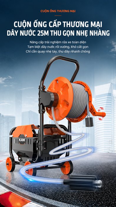 Máy Rửa Xe Cao Áp KAW Cuộn Ống Thương Mại 25m, Động Cơ Lõi Đồng Công Nghiệp, Vỏ Tôn Cứng, Bánh Xe Lớn