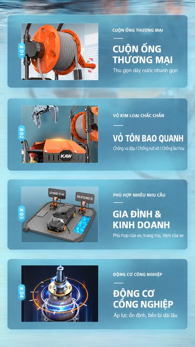 Máy Rửa Xe Cao Áp KAW Cuộn Ống Thương Mại 25m, Động Cơ Lõi Đồng Công Nghiệp, Vỏ Tôn Cứng, Bánh Xe Lớn