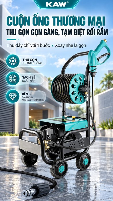 Máy Rửa Xe Cao Áp KAW Công Nghiệp Thế Hệ Mới Có Cuộn Ống Thương Mại, Động Cơ Cảm Ứng Không Chổi Than, Phun Xa 8-18m