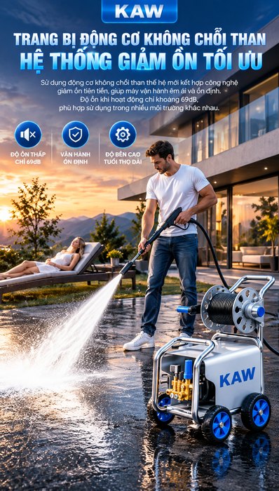 Máy Rửa Xe Cao Áp KAW E1002J Thân Inox Kèm Cuộn Dây, Động Cơ Không Chổi Than, Chống Nước IPX5