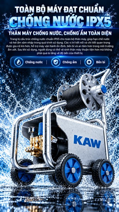Máy Rửa Xe Cao Áp KAW E1002J Thân Inox Kèm Cuộn Dây, Động Cơ Không Chổi Than, Chống Nước IPX5