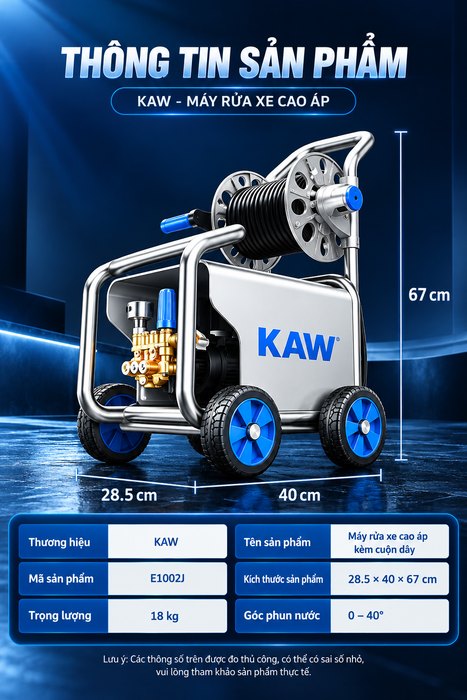 Máy Rửa Xe Cao Áp KAW E1002J Thân Inox Kèm Cuộn Dây, Động Cơ Không Chổi Than, Chống Nước IPX5