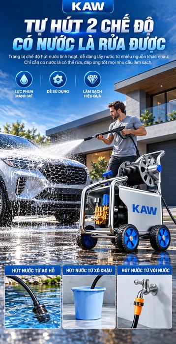 Máy Rửa Xe Cao Áp KAW E1002J Thân Inox Kèm Cuộn Dây, Động Cơ Không Chổi Than, Chống Nước IPX5