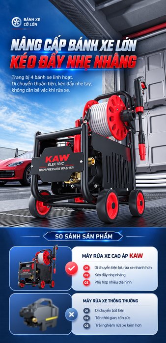 Máy Rửa Xe Cao Áp KAW G3 9800W Có Tang Cuốn Dây 15m, Động Cơ Cảm Ứng, Áp Lực 8-25MPa, 720L/H