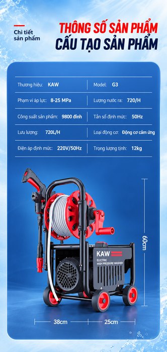Máy Rửa Xe Cao Áp KAW G3 9800W Có Tang Cuốn Dây 15m, Động Cơ Cảm Ứng, Áp Lực 8-25MPa, 720L/H