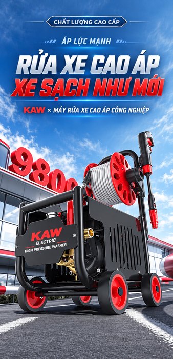 Máy Rửa Xe Cao Áp KAW G3 9800W Có Tang Cuốn Dây 15m, Động Cơ Cảm Ứng, Áp Lực 8-25MPa, 720L/H