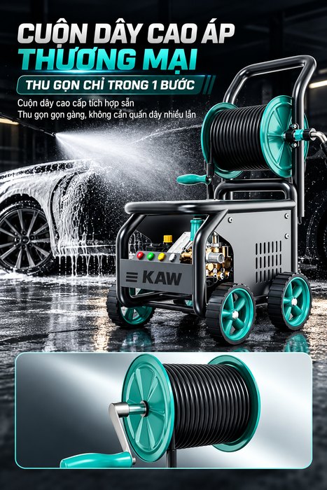 Máy Rửa Xe Cao Áp KAW Green Titan Có Cuộn Dây Thương Mại, Động Cơ Cảm Ứng, Áp Lực 16-43MPa, 12-25L/Phút