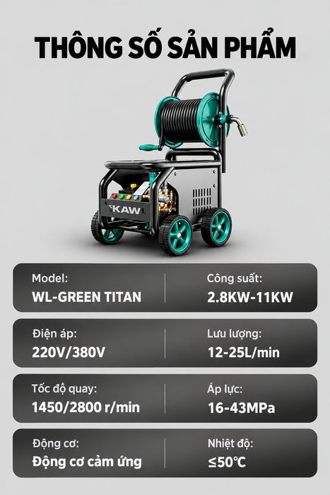Máy Rửa Xe Cao Áp KAW Green Titan Có Cuộn Dây Thương Mại, Động Cơ Cảm Ứng, Áp Lực 16-43MPa, 12-25L/Phút