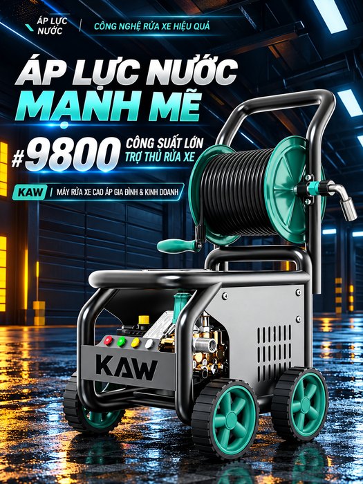 Máy Rửa Xe Cao Áp KAW Green Titan Có Cuộn Dây Thương Mại, Động Cơ Cảm Ứng, Áp Lực 16-43MPa, 12-25L/Phút