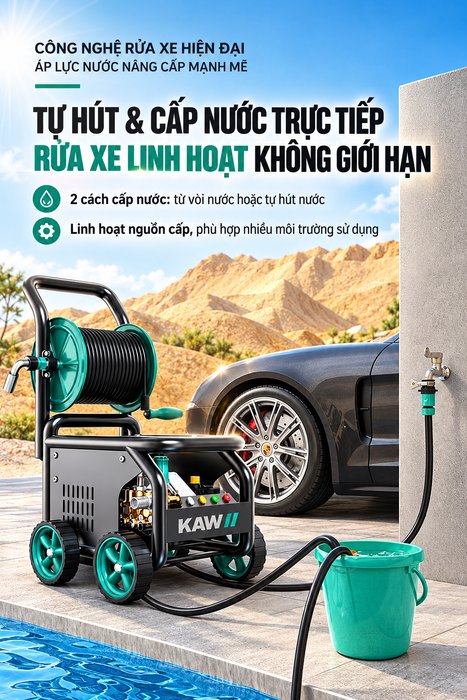 Máy Rửa Xe Cao Áp KAW Green Titan Có Cuộn Dây Thương Mại, Động Cơ Cảm Ứng, Áp Lực 16-43MPa, 12-25L/Phút