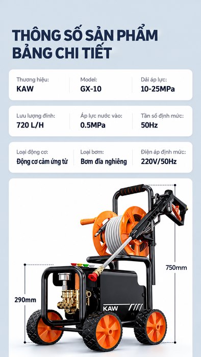 Máy Rửa Xe Cao Áp KAW GX-10 Thương Mại Có Cuộn Dây, Động Cơ Cảm Ứng Lõi Đồng Không Chổi Than, 10-25MPa, 720L/H