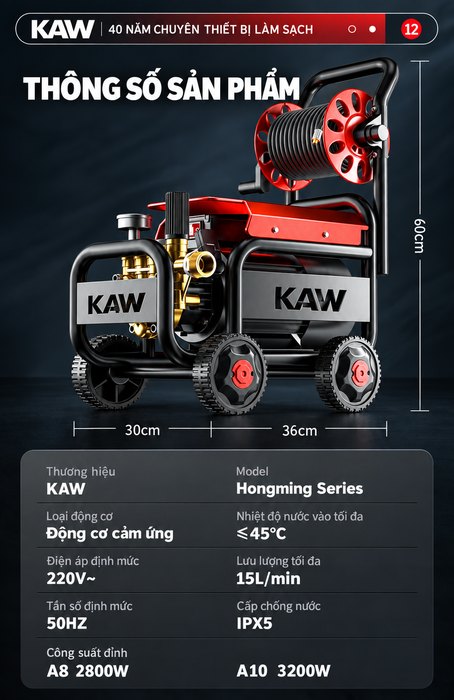 Máy Rửa Xe Cao Áp KAW Hongming 3200W Có Cuộn Dây, Động Cơ Cảm Ứng Lõi Đồng, Lưu Lượng 15L/Phút, Chống Nước IPX5
