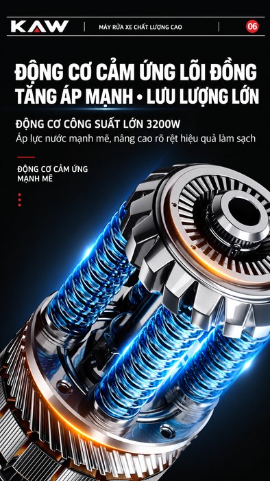 Máy Rửa Xe Cao Áp KAW HU 3500W Có Cuộn Dây, Động Cơ Cảm Ứng Không Chổi Than, Áp Lực 8-35MPa, 1080L/H