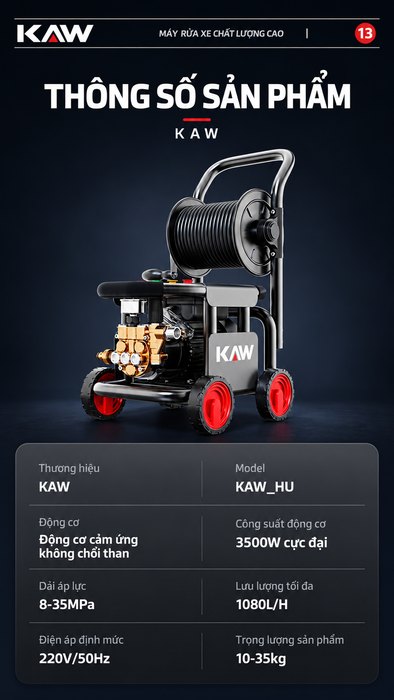 Máy Rửa Xe Cao Áp KAW HU 3500W Có Cuộn Dây, Động Cơ Cảm Ứng Không Chổi Than, Áp Lực 8-35MPa, 1080L/H