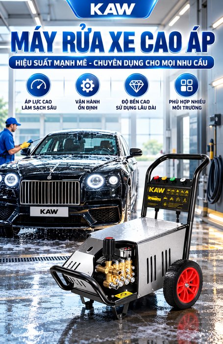 Máy Rửa Xe Cao Áp KAW Vỏ Inox Bảng Điều Khiển Thông Minh, Động Cơ Đồng Nguyên Chất, Phun Xa 8-15m
