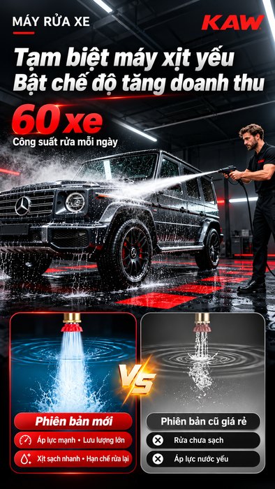 Máy Rửa Xe Cao Áp KAW Vỏ Inox Có Cuộn Dây, Động Cơ Cảm Ứng 4 Cực, Đầu Bơm Đồng, 5 Đầu Phun