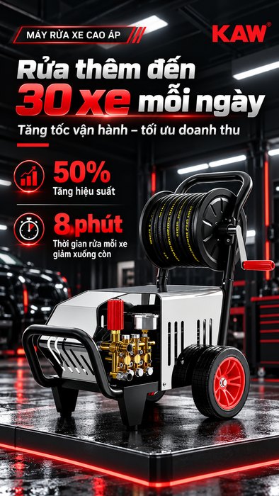Máy Rửa Xe Cao Áp KAW Vỏ Inox Có Cuộn Dây, Động Cơ Cảm Ứng 4 Cực, Đầu Bơm Đồng, 5 Đầu Phun
