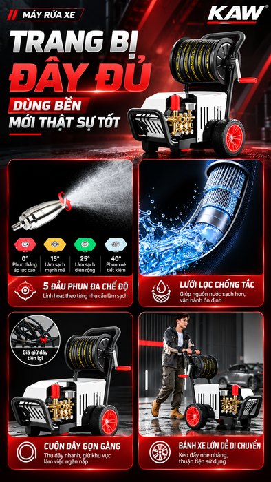 Máy Rửa Xe Cao Áp KAW Vỏ Inox Có Cuộn Dây, Động Cơ Cảm Ứng 4 Cực, Đầu Bơm Đồng, 5 Đầu Phun