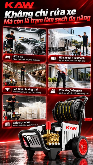 Máy Rửa Xe Cao Áp KAW Vỏ Inox Có Cuộn Dây, Động Cơ Cảm Ứng 4 Cực, Đầu Bơm Đồng, 5 Đầu Phun