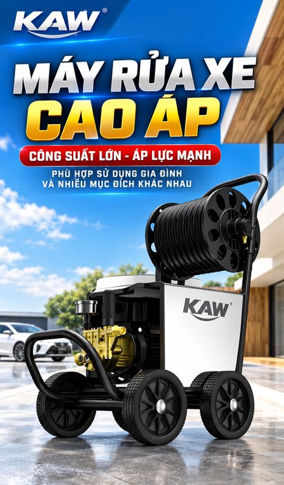 Máy Rửa Xe Cao Áp Gia Đình KAW Động Cơ Cảm Ứng JCS, Thân Inox, Có Cuộn Dây, Phun Xa 8-15m, Điện 220V