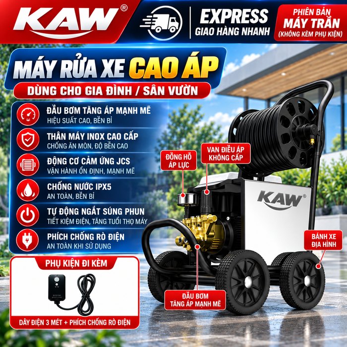 Máy Rửa Xe Cao Áp Gia Đình KAW Động Cơ Cảm Ứng JCS, Thân Inox, Có Cuộn Dây, Phun Xa 8-15m, Điện 220V