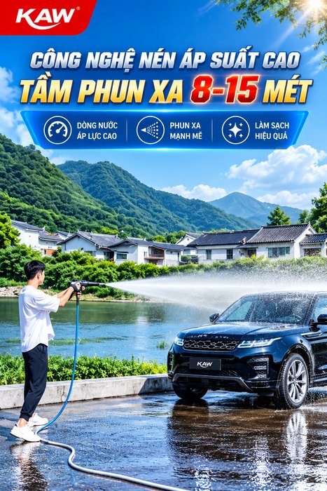 Máy Rửa Xe Cao Áp Gia Đình KAW Động Cơ Cảm Ứng JCS, Thân Inox, Có Cuộn Dây, Phun Xa 8-15m, Điện 220V
