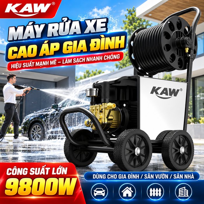Máy Rửa Xe Cao Áp Gia Đình KAW Động Cơ Cảm Ứng JCS, Thân Inox, Có Cuộn Dây, Phun Xa 8-15m, Điện 220V