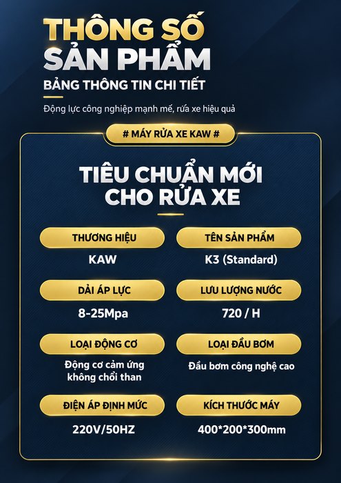 Máy Rửa Xe Cao Áp KAW K3 Động Cơ Cảm Ứng Không Chổi Than, Áp Lực 25MPa, Vỏ Kim Loại, Có Cuộn Dây