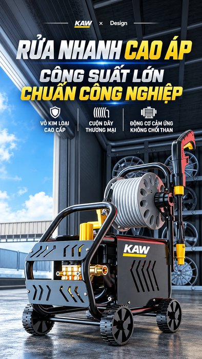 Máy Rửa Xe Cao Áp KAW K3 Động Cơ Cảm Ứng Không Chổi Than, Áp Lực 25MPa, Vỏ Kim Loại, Có Cuộn Dây