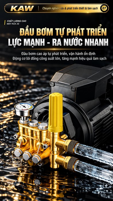 Máy Rửa Xe Cao Áp KAW Khung Thép Bánh Địa Hình, Động Cơ Đồng Không Chổi Than, Cuộn Dây 90m, Áp Lực 8-35MPa, 920L/H
