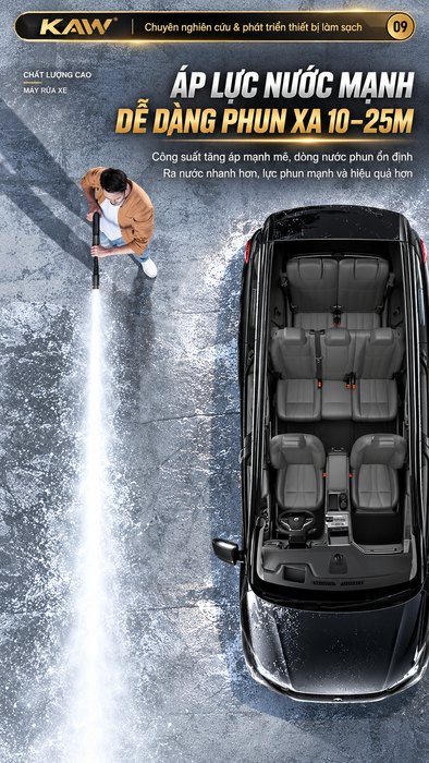 Máy Rửa Xe Cao Áp KAW Khung Thép Bánh Địa Hình, Động Cơ Đồng Không Chổi Than, Cuộn Dây 90m, Áp Lực 8-35MPa, 920L/H