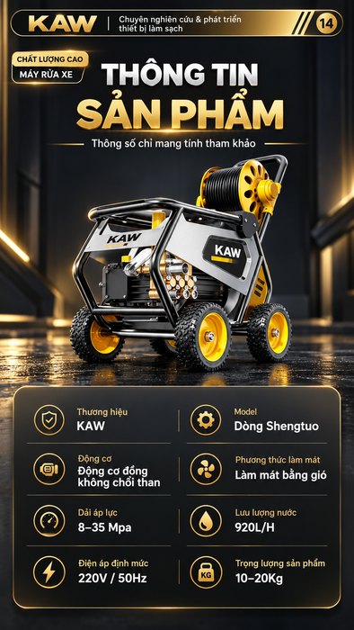 Máy Rửa Xe Cao Áp KAW Khung Thép Bánh Địa Hình, Động Cơ Đồng Không Chổi Than, Cuộn Dây 90m, Áp Lực 8-35MPa, 920L/H
