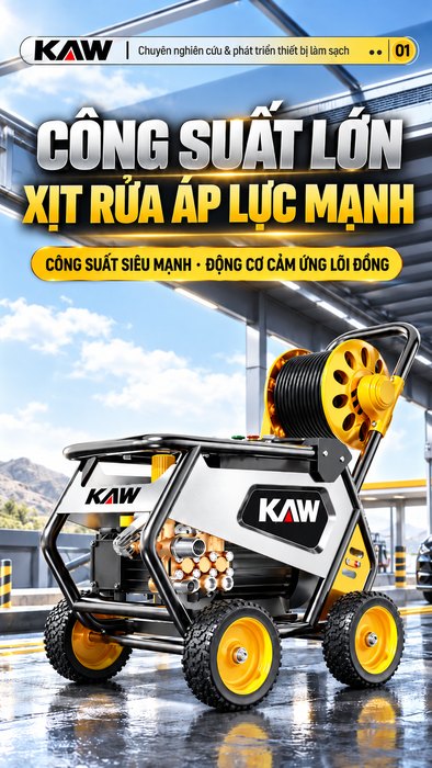 Máy Rửa Xe Cao Áp KAW Khung Thép Bánh Địa Hình, Động Cơ Đồng Không Chổi Than, Cuộn Dây 90m, Áp Lực 8-35MPa, 920L/H