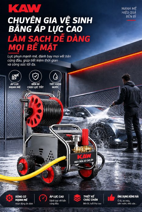 Máy Rửa Xe Cao Áp KAW M3 Có Cuộn Dây, Động Cơ Cảm Ứng Không Chổi Than, Áp Lực 8-25MPa, 720L/H