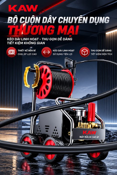 Máy Rửa Xe Cao Áp KAW M3 Có Cuộn Dây, Động Cơ Cảm Ứng Không Chổi Than, Áp Lực 8-25MPa, 720L/H