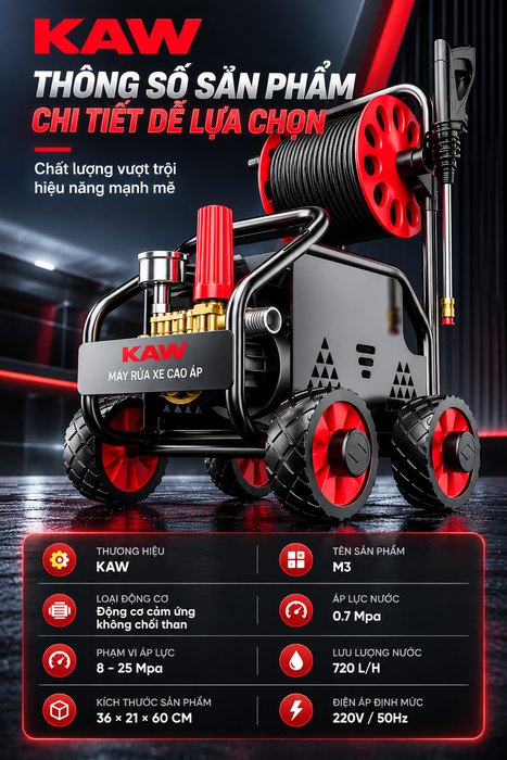 Máy Rửa Xe Cao Áp KAW M3 Có Cuộn Dây, Động Cơ Cảm Ứng Không Chổi Than, Áp Lực 8-25MPa, 720L/H