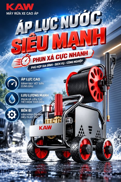 Máy Rửa Xe Cao Áp KAW M3 Có Cuộn Dây, Động Cơ Cảm Ứng Không Chổi Than, Áp Lực 8-25MPa, 720L/H