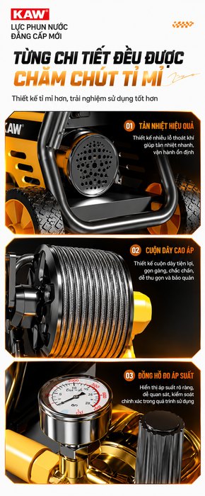 Máy Rửa Xe Cao Áp KAW M9 Có Cuộn Dây, 4 Bánh Xe Lớn, Đầu Bơm 4 Piston, Dây Cao Áp 8m