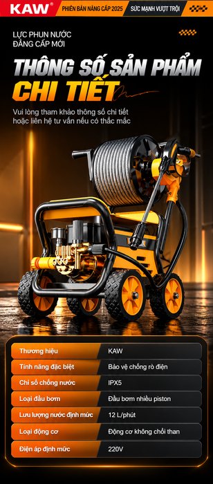 Máy Rửa Xe Cao Áp KAW M9 Có Cuộn Dây, 4 Bánh Xe Lớn, Đầu Bơm 4 Piston, Dây Cao Áp 8m
