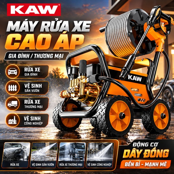 Máy Rửa Xe Cao Áp KAW M9 Có Cuộn Dây, 4 Bánh Xe Lớn, Đầu Bơm 4 Piston, Dây Cao Áp 8m