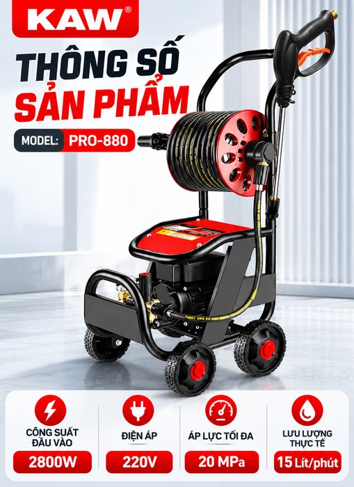 Máy Rửa Xe Cao Áp KAW PRO-880 2800W Có Cuộn Dây, Động Cơ Cảm Ứng Không Chổi Than, Áp Lực 20MPa